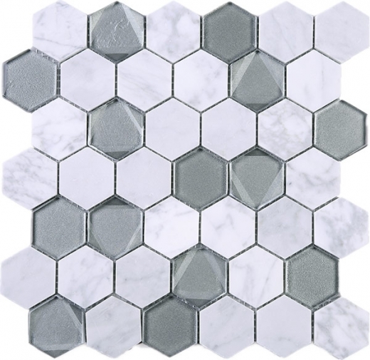 Hexagon White Carrara Grey Glass and Stone Mosaic Tile JPHAN4